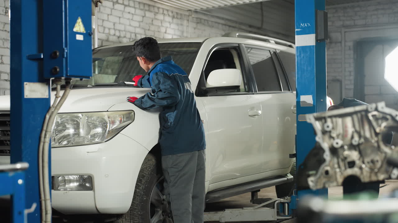 mecánicos que trabajan en jeeps blancos en el garaje, uno arreglando limpiadores, otro inspeccionando el neumático trasero, realizando mantenimiento de automóviles en el taller de reparación de automóviles, servicio de automóviles en el taller
