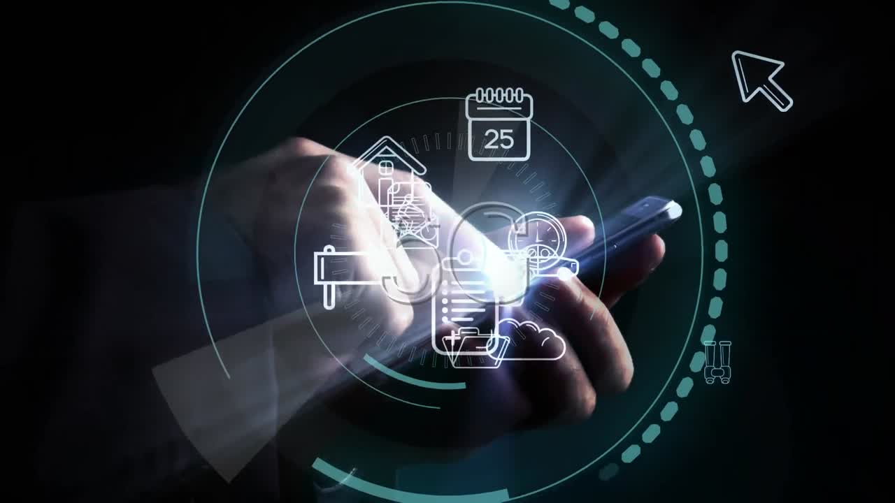 hombre usando un teléfono móvil y 5g escrito en el medio de un círculo futurista con iconos de aplicaciones