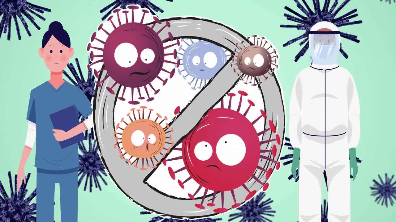 анимация запретительного знака с вирусными клетками над движущимися иконками вируса