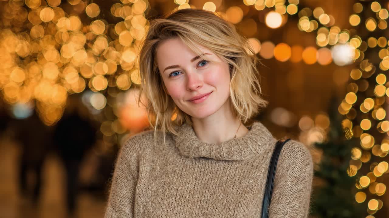 A Warm Glow: Captivating Portrait of a Smiling Woman Surrounded by Twinkling Holiday Lights in a Festive Atmosphere, Exuding Joy and Cheer