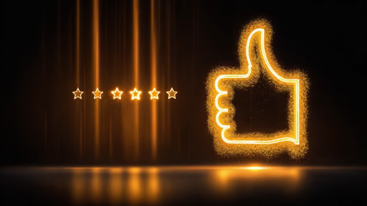 Pollice in su luminoso e stelle dorate: una celebrazione dell'eccellenza che mette in risalto feedback positivi e valutazioni elevate in un formato visivo dinamico