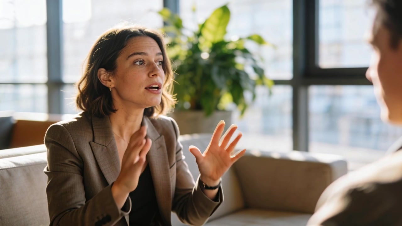 Gesturing after opening comment, woman wearing gray blazer clarifying at office lounge with sofa