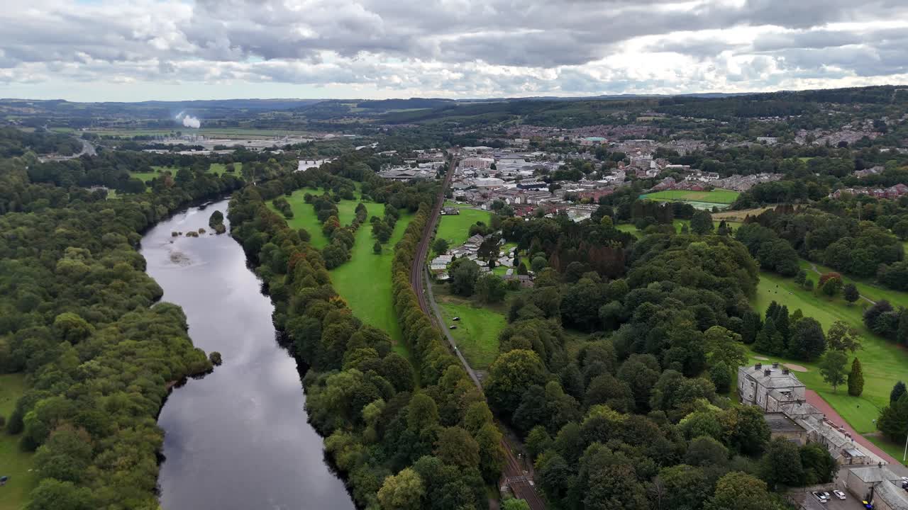 Aerial drone view bridge Hexham north east england northumberland market town city british uk Tynedale