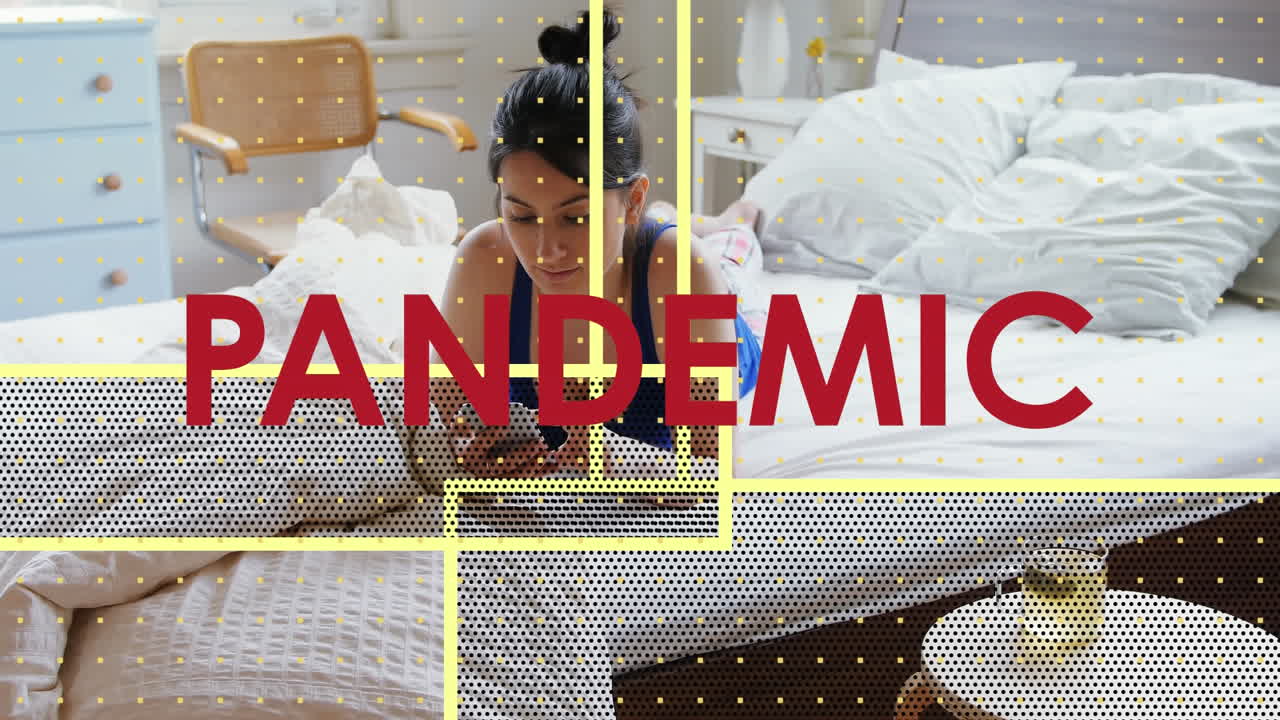 스마트폰을 사용하여 침대에 누워있는 백인 여성에 대한 사회적 거리두기 메시지의 애니메이션