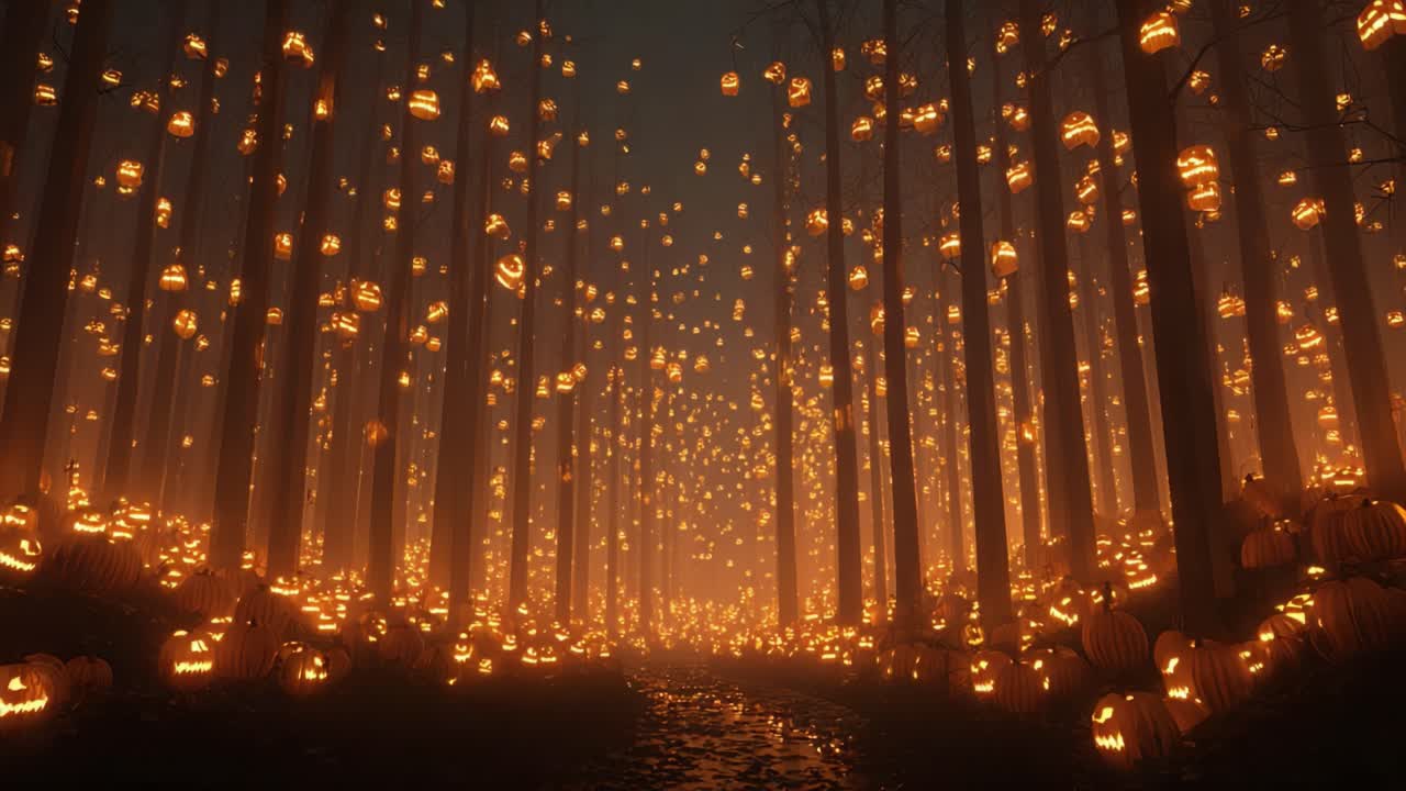 A Mesmerizing Halloween Scene with Glowing Jack-o'-lanterns Illuminating a Mysterious Forest Path Surrounded by Enchanted Trees and a Dreamlike Atmosphere