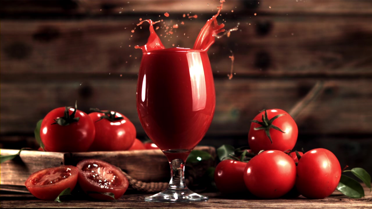 Fatia de Tomate Fresco Caindo em um Copo de Suco Vermelho