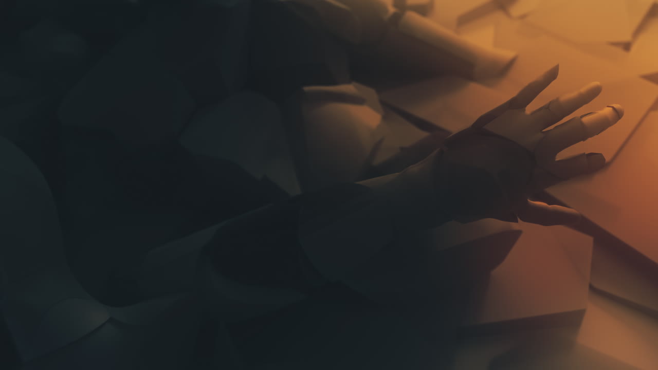 Destroyed andorids on a junkyard in yellow light