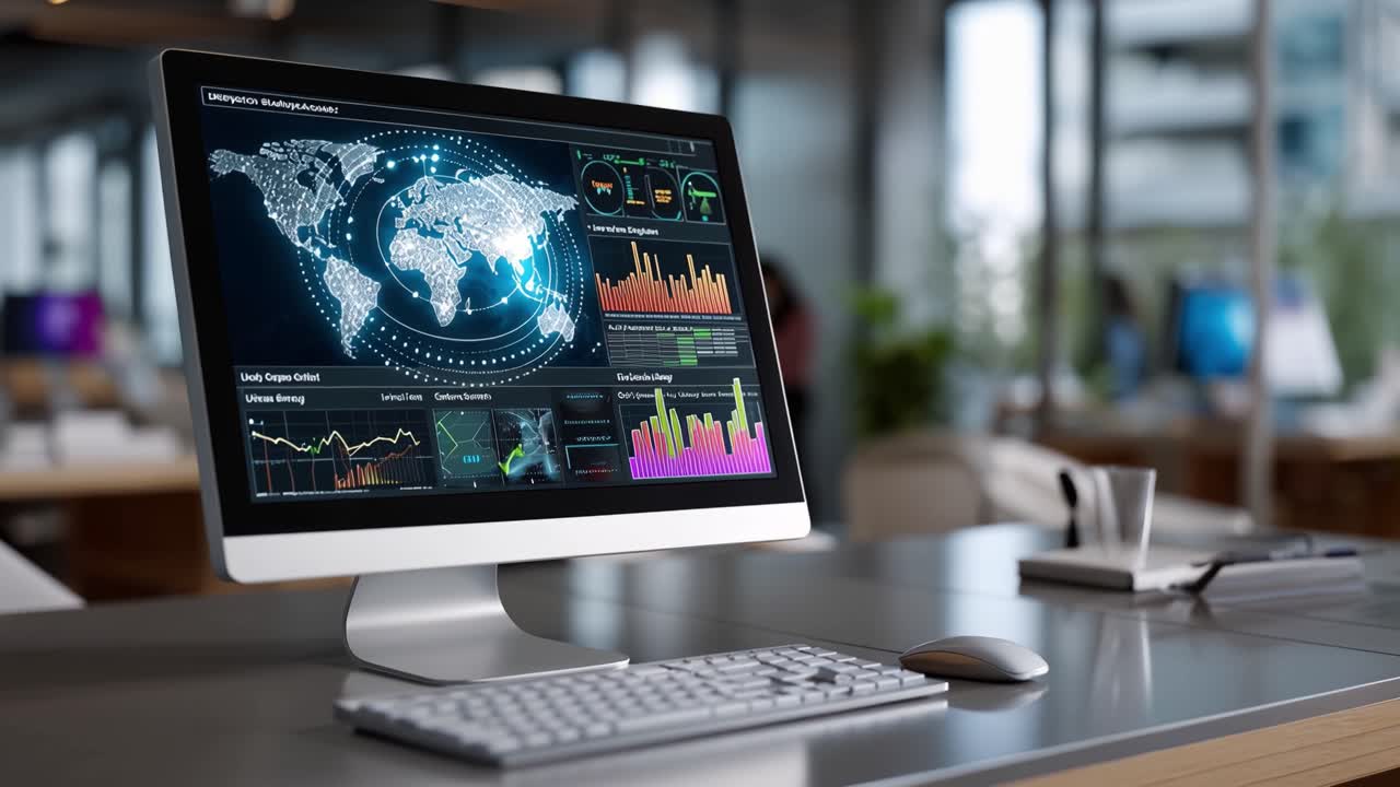 Analyzing Global Data Trends on a Modern Workstation: Insights from a Digital Dashboard Displaying Interactive Graphs and Geographic Information