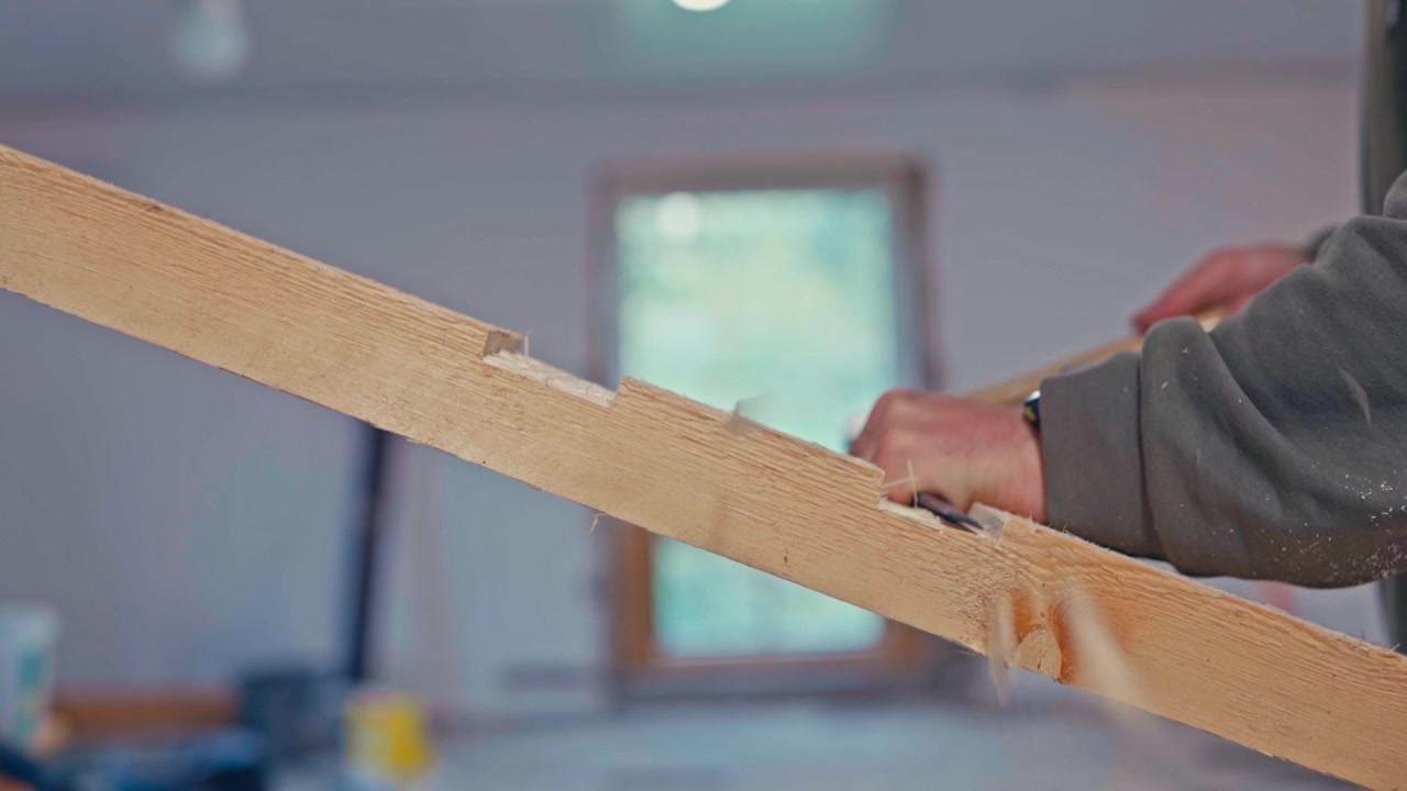 Una persona sta modellando una tavola di legno con uno scalpello all'interno - Primo piano.