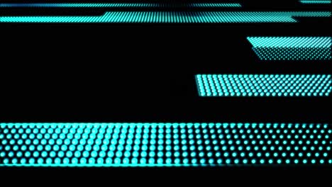 3d animation of blue rectangle bars moving across the screen with flashing and glowing light squares with the camera slowly panning near the surface floor at an angle