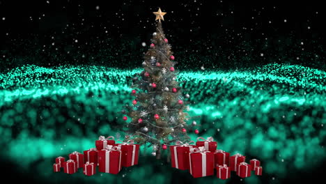 animation of christmas tree over moving glowing wave of green dots on dark background