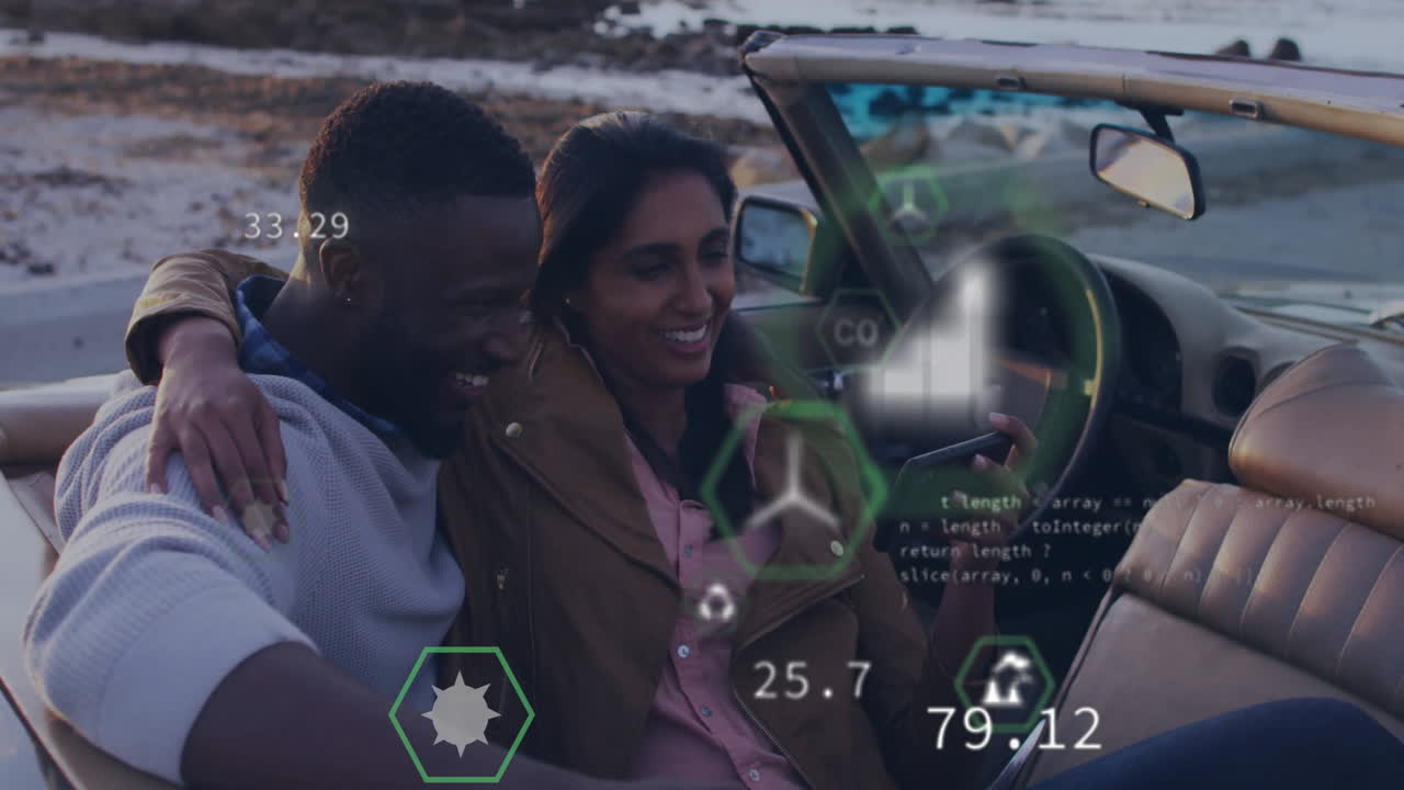Couple in convertible car with digital code and data animation overlay