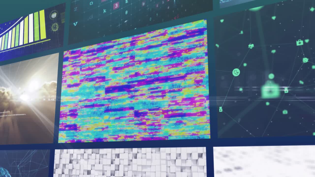 9개의 비즈니스, 레저 및 기술 화면의 복합 애니메이션