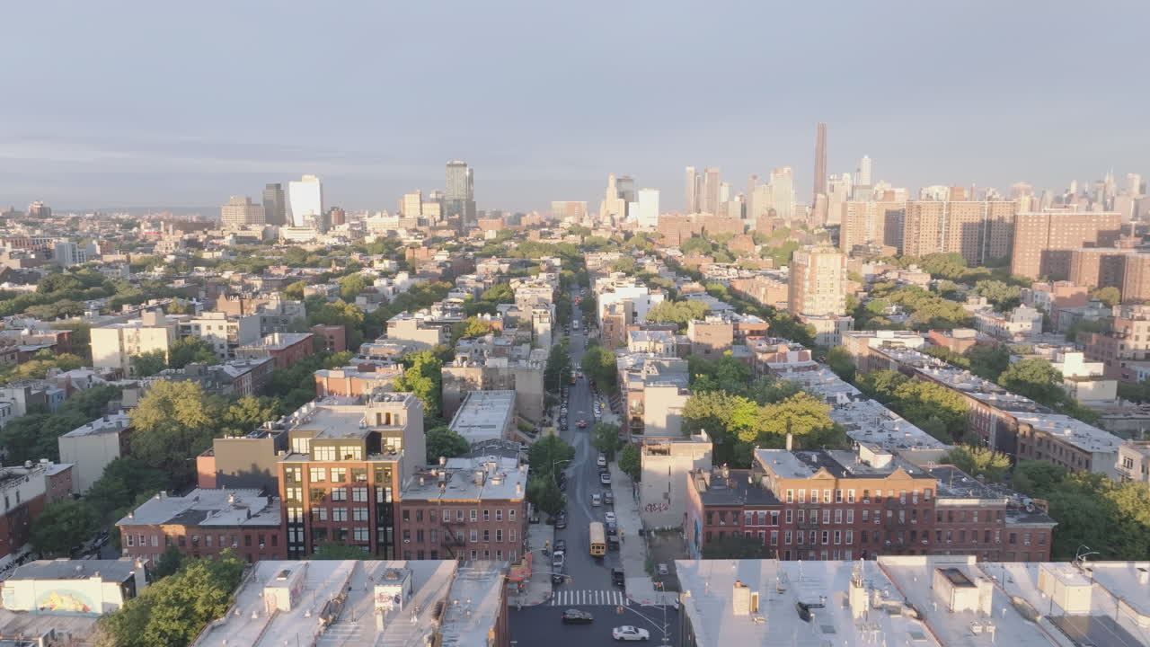 Aerial View of a New York City Neighborhood at Sunset