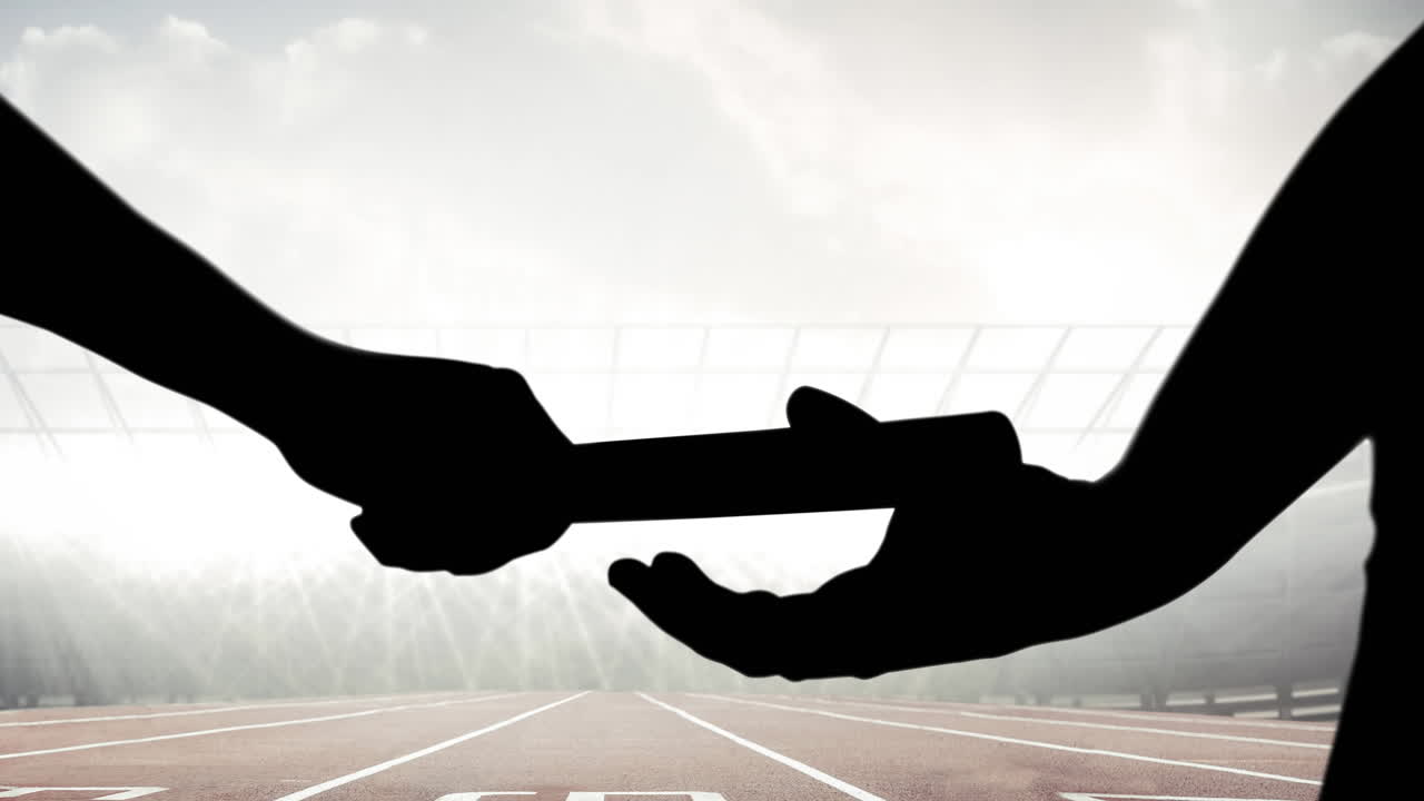 Animation of athlete's hands passing relay baton over sports stadium