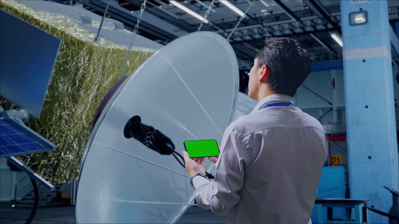 спутниковый техник, проверяющий оборудование