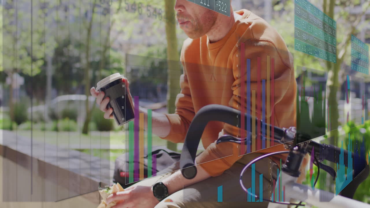 Holding coffee and sandwich, man with animation of data charts outside