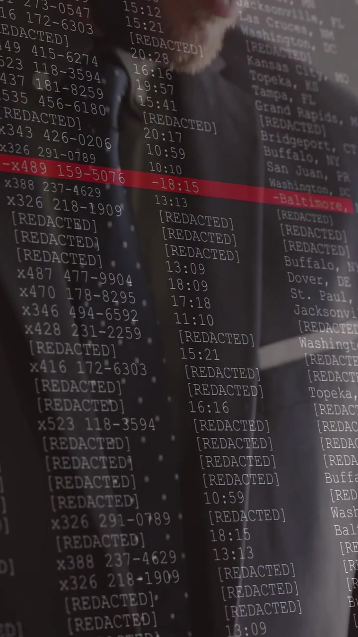 Vertical video: Businessman tapping smartphone, showing code layer with red scan finding record