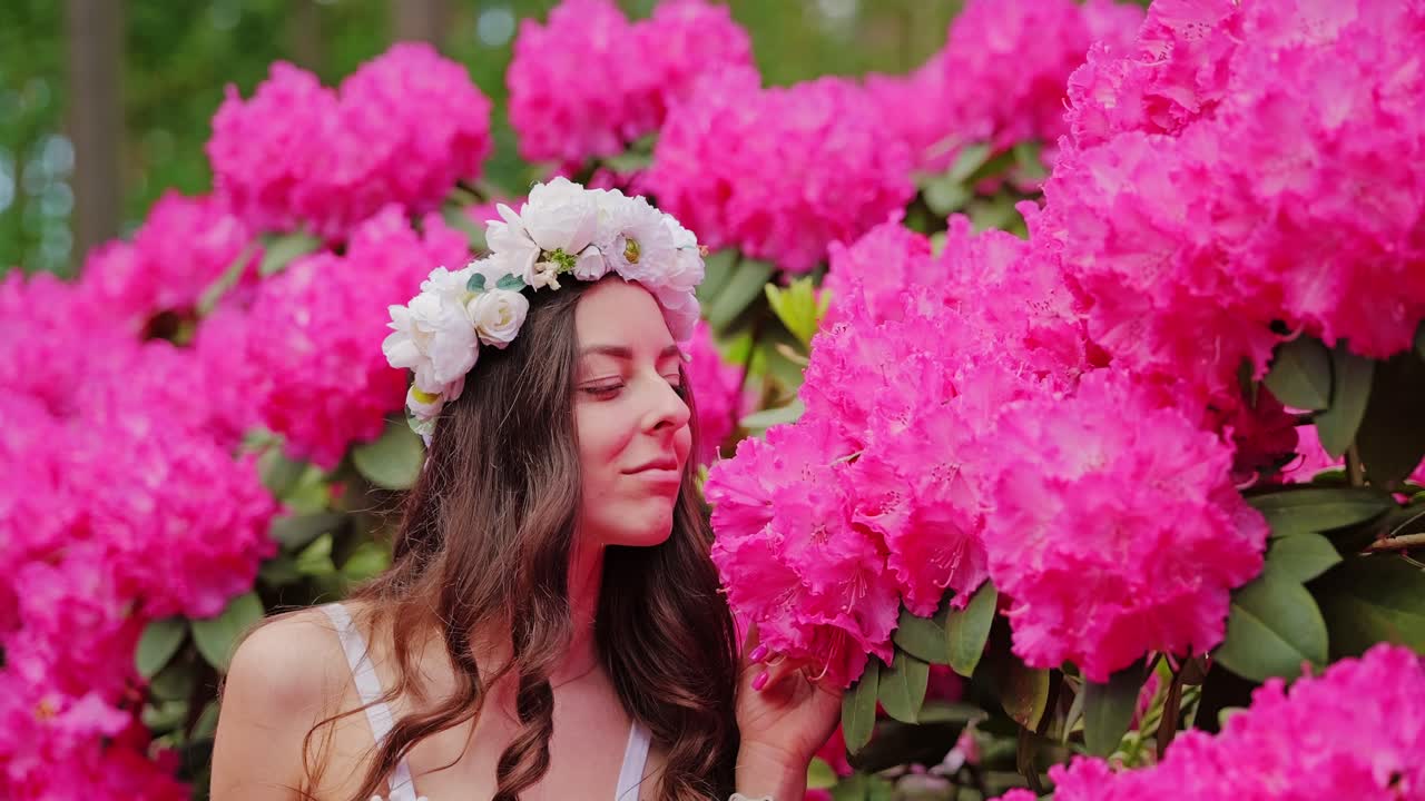 Slow motion close up of european woman enchanted by fragrant pink rhododendrons