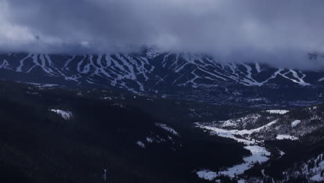 Ten-Mile-Breck-Peaks-Breckenridge-Ski-resort-town-Vail-Epic-Ikon-Pass-aerial-drone-landscape-cloudy-fog-gray-sunny-winter-morning-ski-trail-runs-Summit-County-Tiger-road-Rocky-Mountains-circle-right