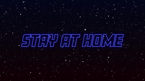 animation of snow falling over stay at home text in neon on black background