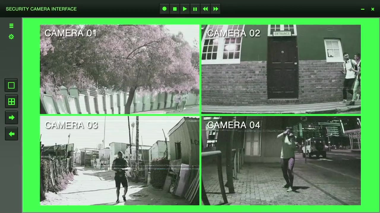 Security Camera Interface Displaying Multiple Surveillance Feeds of People in Urban Settings