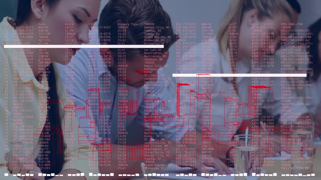Animation of data processing over people working in warehouse