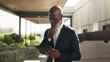 Outdoor,-thinking-and-senior-man-with-a-tablet