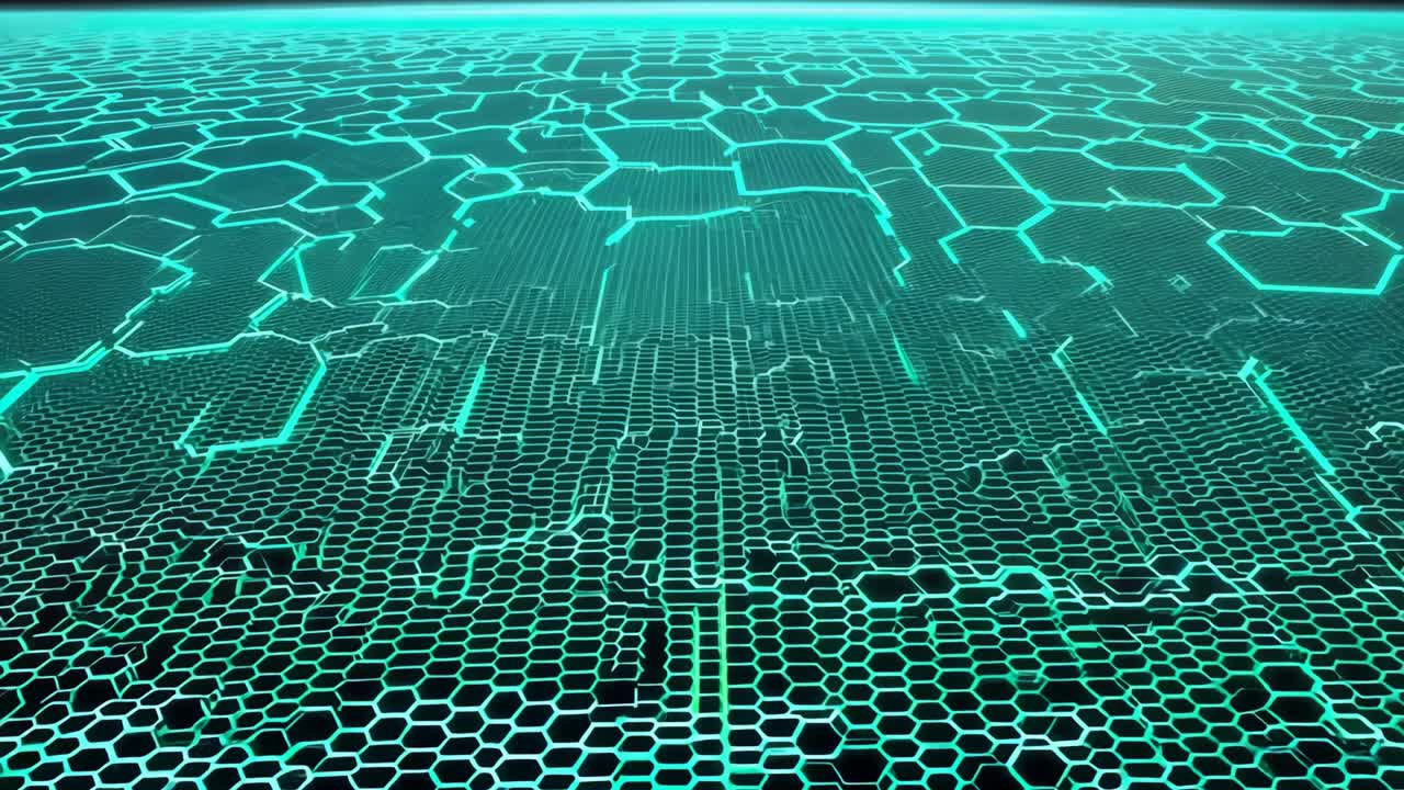 A close up of a pattern of hexagons in a blue color. The pattern is made up of small squares that are all the same size. The squares are arranged in a way that creates a sense of depth and movement