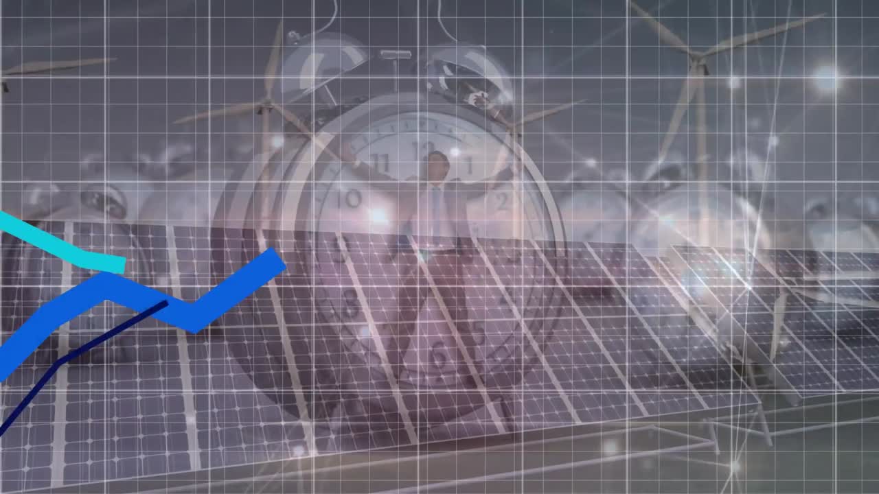 그래프의 애니메이션, 연결된 점, 알람 시계 및 풍차를 통해 시계에 힌 사업가