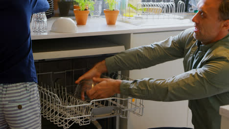 Side-view-of-Caucasian-father-and-son-removing-utensils-in-kitchen-cabinets-at-comfortable-home-4k