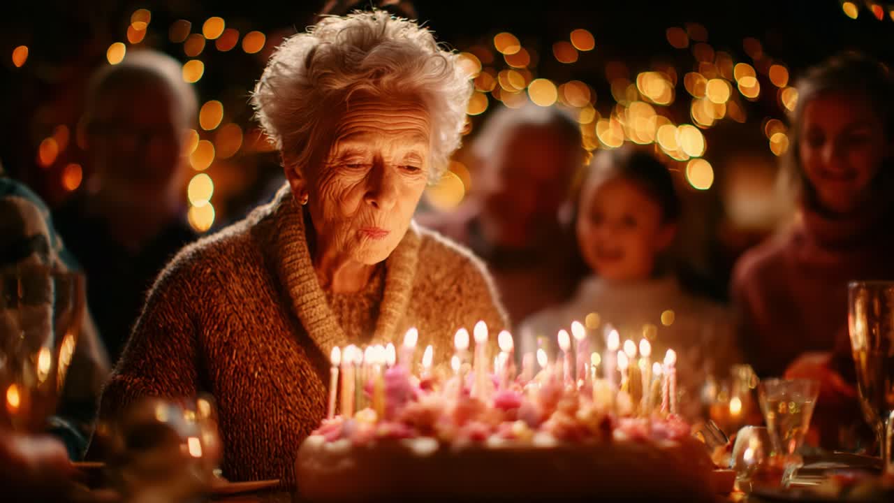 Una celebrazione toccante: un'anziana riflette sulla vita mentre spegne le candeline di compleanno circondata dalla famiglia in un'atmosfera accogliente e gioiosa, illuminata da luci scintillanti