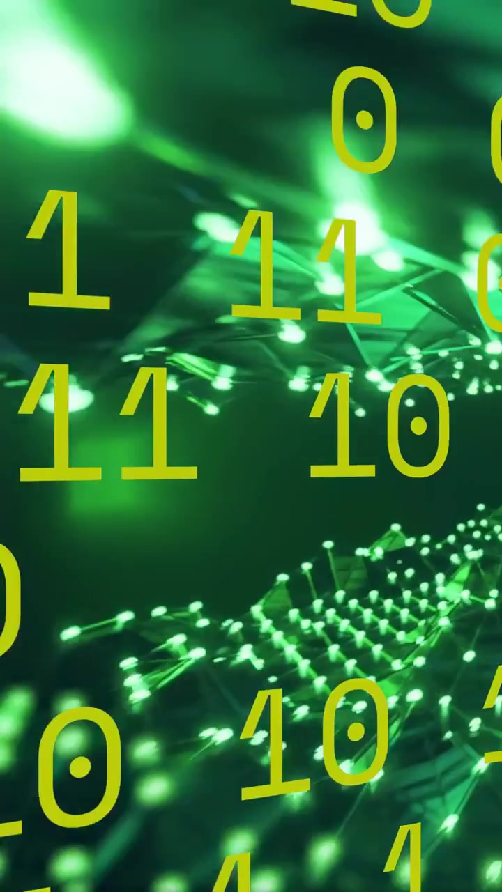 Vertical video: Blur fading, camera moving and yellow digits shifting, nodes pulsing revealing grid