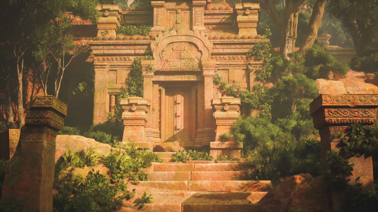 Archaeological site illuminated by sunlight surrounded by lush plants