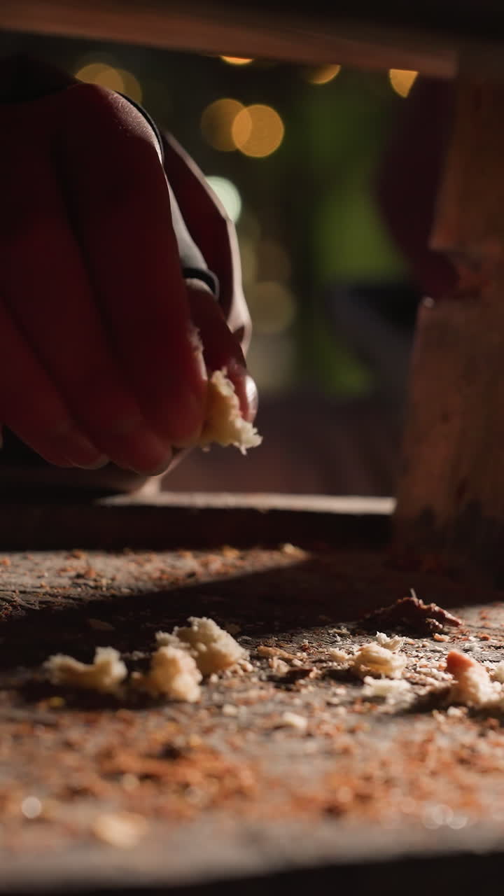 vista parcial de primer plano de la mano individual dejando caer el alimento de los pájaros en el alimentador de pájaros de madera con migas y granos en la superficie, fondo borroso con luces bokeh suaves en el parque de la noche de invierno
