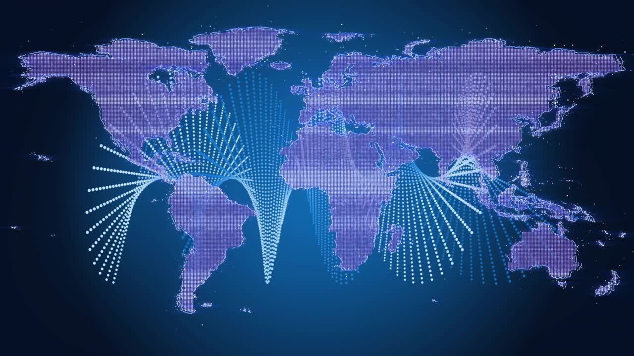 On start purple world map showing particles rising, arcs fanning fading dispersing for connectivity