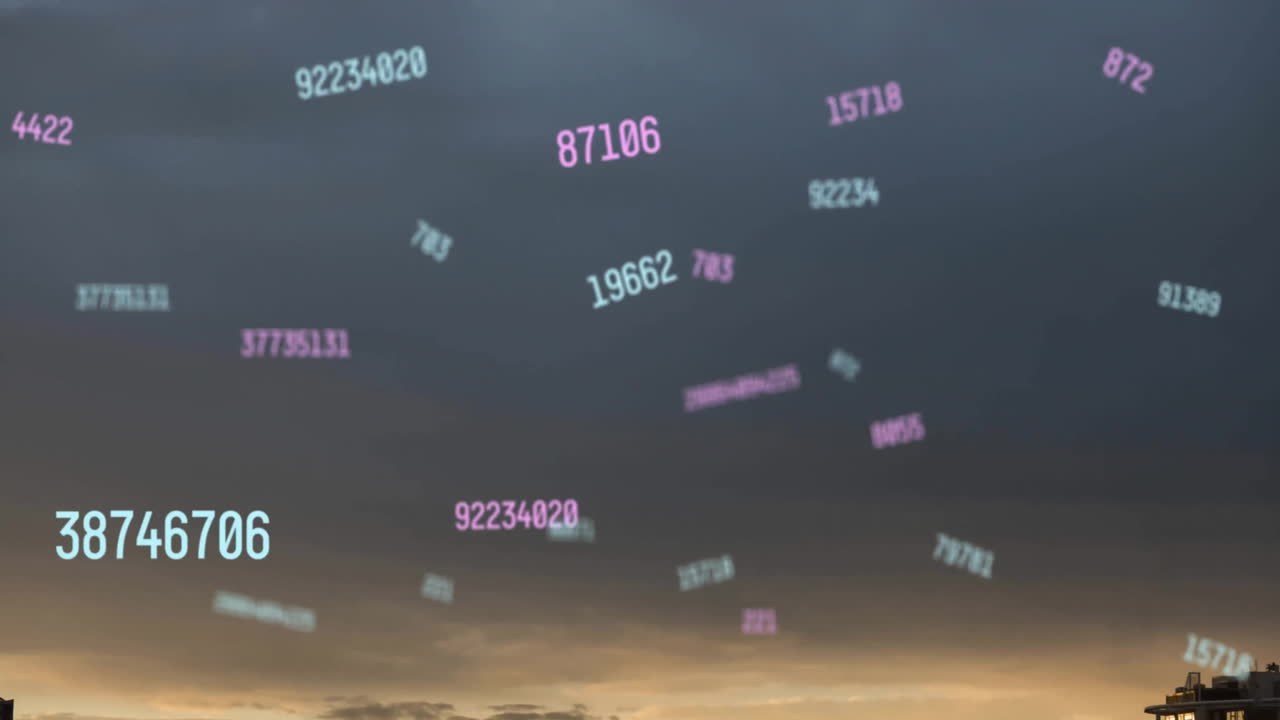 animación de números y procesamiento de datos sobre el fondo del paisaje