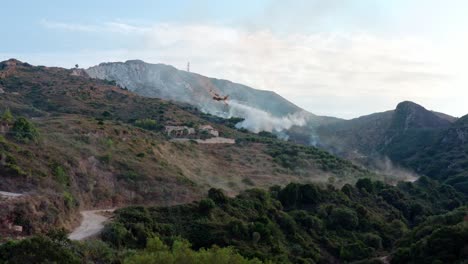 avión que arroja agua combate el incendio forestal en la ladera
