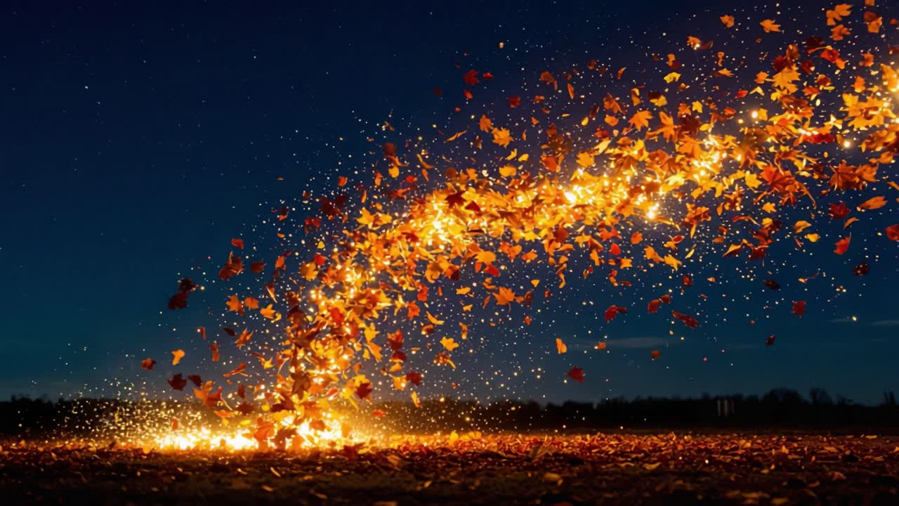 A mesmerizing display of swirling autumn leaves igniting against a twilight sky, creating a blend of fiery colors and sparkling moments that capture the essence of nature's beauty