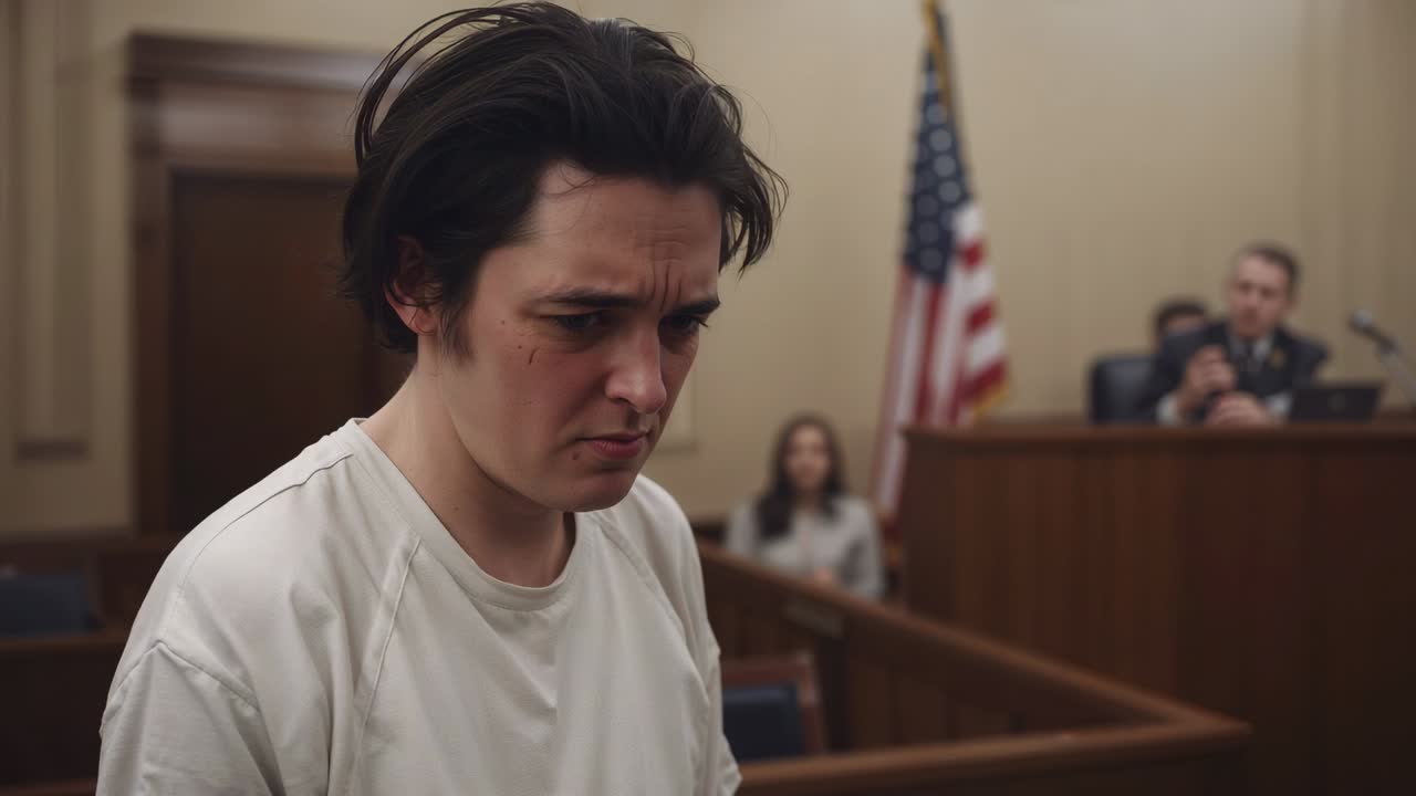 Standing adult male wearing plain white T-shirt, listening to judge speaking at courtroom rail