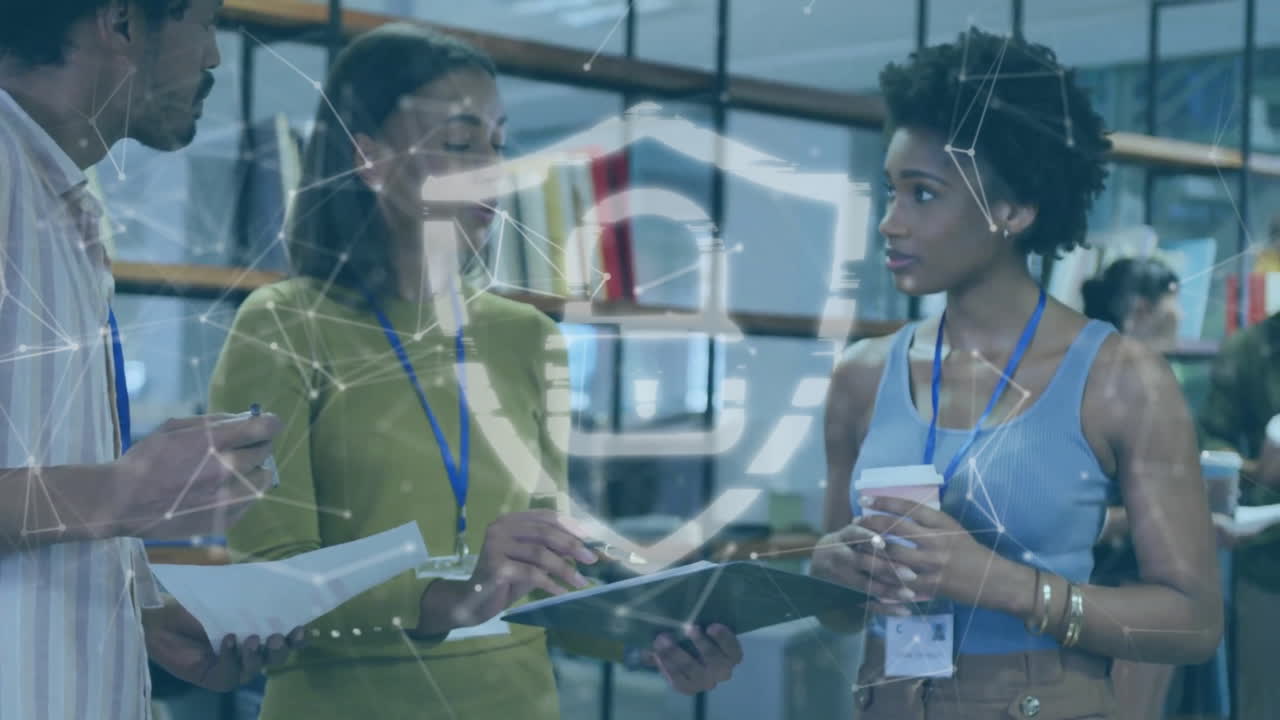Animation of padlock and data processing over diverse business people in office