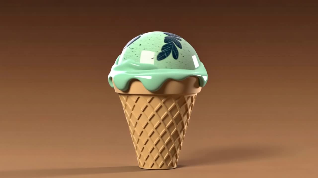 Pallina di gelato alla menta che si scioglie in un cono waffle