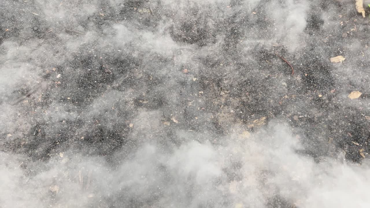 Dense white smoke moves across dirt ground, natural daylight, static overhead camera, outdoor environment
