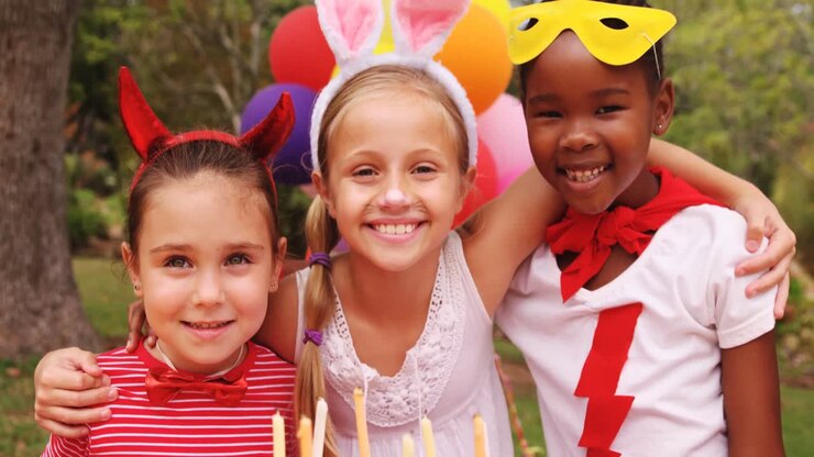 Bambini in vari costumi che festeggiano un compleanno