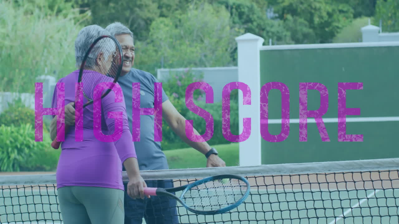 Senior couple celebrating fitness success on tennis court, with animated heart icons and charts