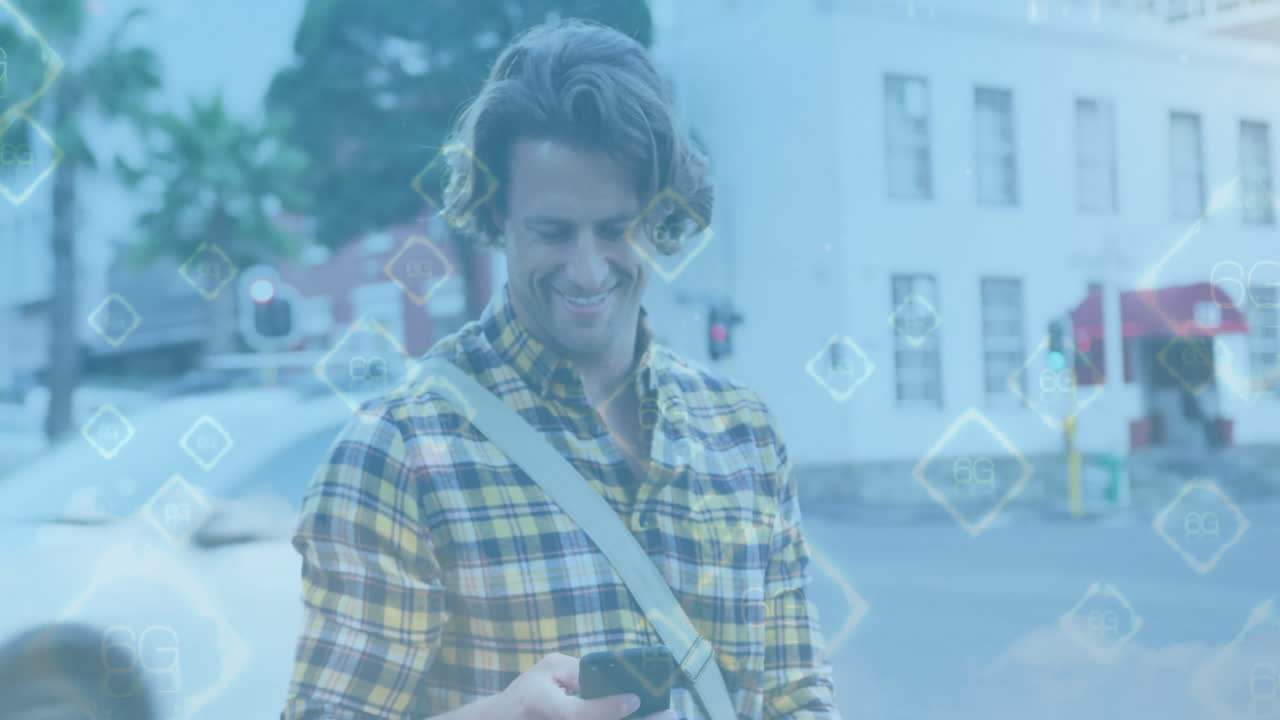 Using smartphone, man in urban setting with digital data animation overlay