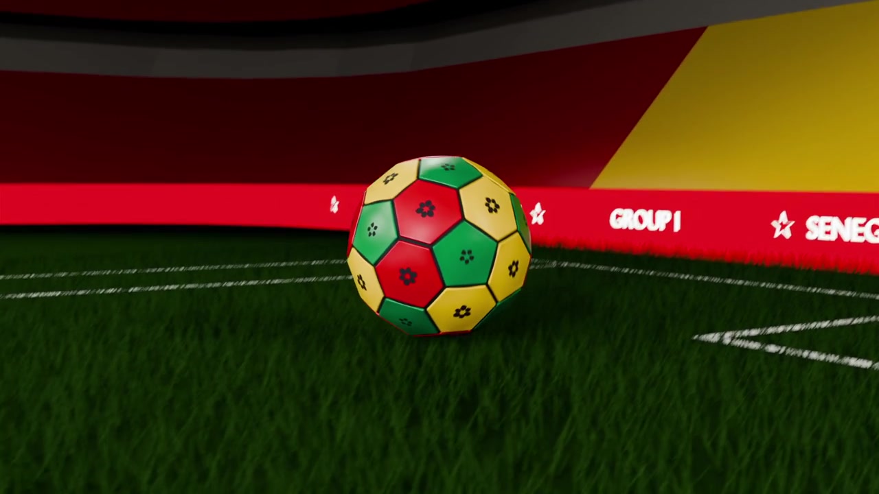 Riempimento rosso che scompare rivelando un pallone da calcio tricolore che gira, scende e si posa sul manto erboso LED SENEGAL