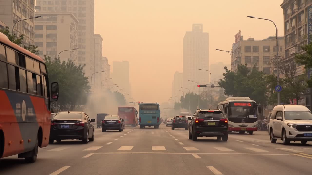 Traffic Flow in Hazy Urban Environment: A Captivating Look at Vehicles Navigating Through Dusty City Streets Amid an Overcast Sky