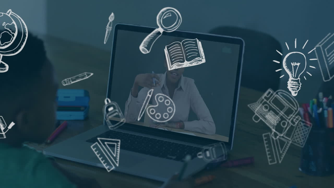 enseñanza en la pantalla de la computadora portátil, herramientas educativas y animación mostrada