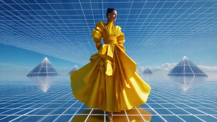 En blændende model i en flydende gul kjole poserer yndefuldt i et surrealistisk, futuristisk landskab med livlige farver og geometriske mønstre, der fremkalder en følelse af elegance og innovation
